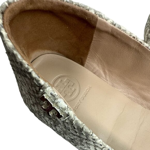 TORY BURCH Travel T Snake Embossed Sparkling Leather Ballet Flats Roccia 9M - Picture 4 of 12